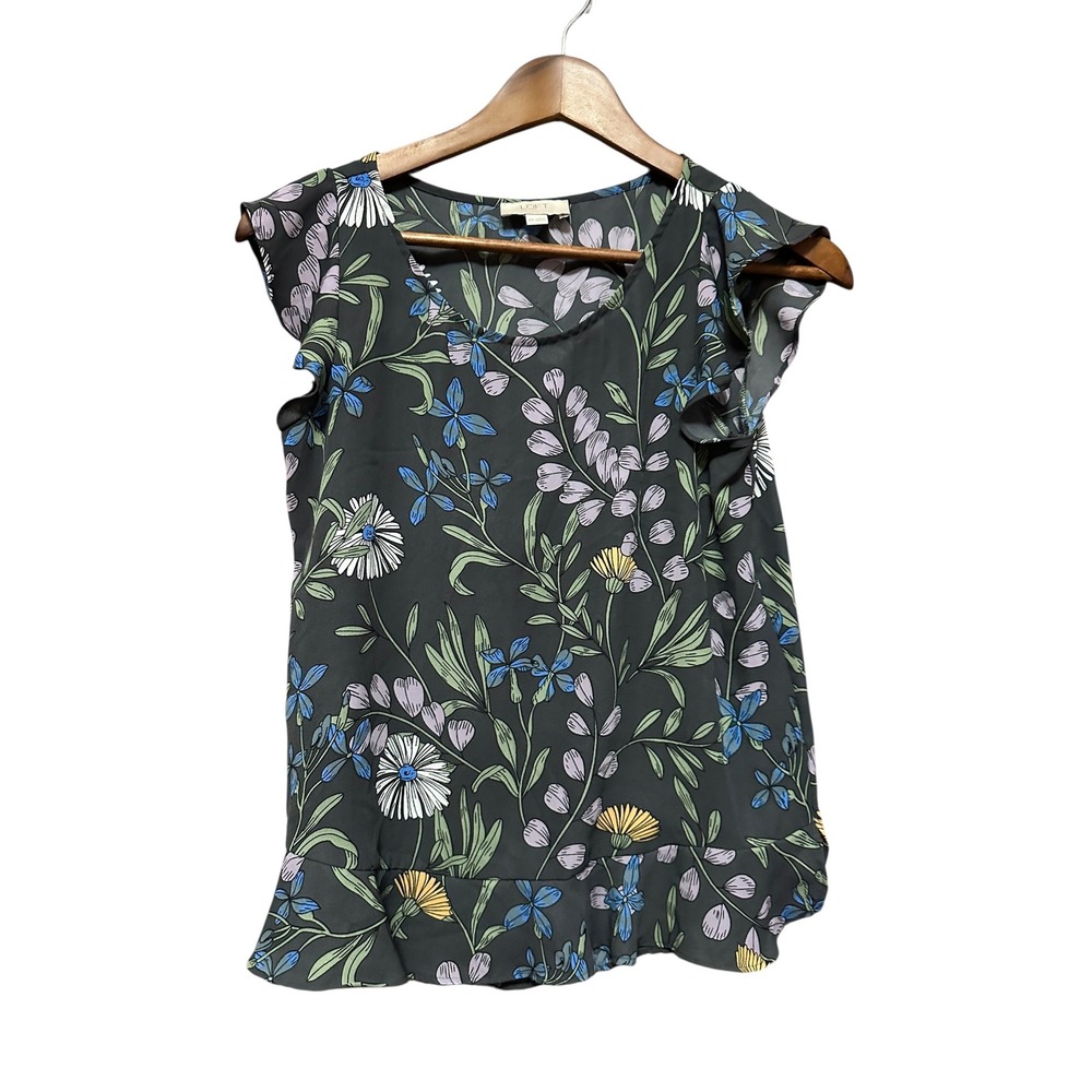 LOFT Outlet Petite Floral Ruffle Sleeve Blouse Top Gray Blue Casual‎ Womens
